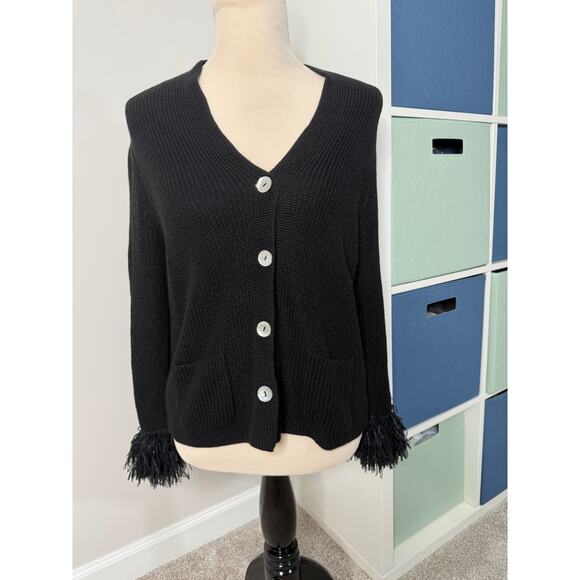 Nic + Zoe Black Night Fall Cardigan Sweater Fringe Cuff Sleeve M NWOT - Picture 2 of 8